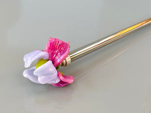 Elegant Art Glass Iris Flower Luxury Silver Hair Stick, Sterling Silver