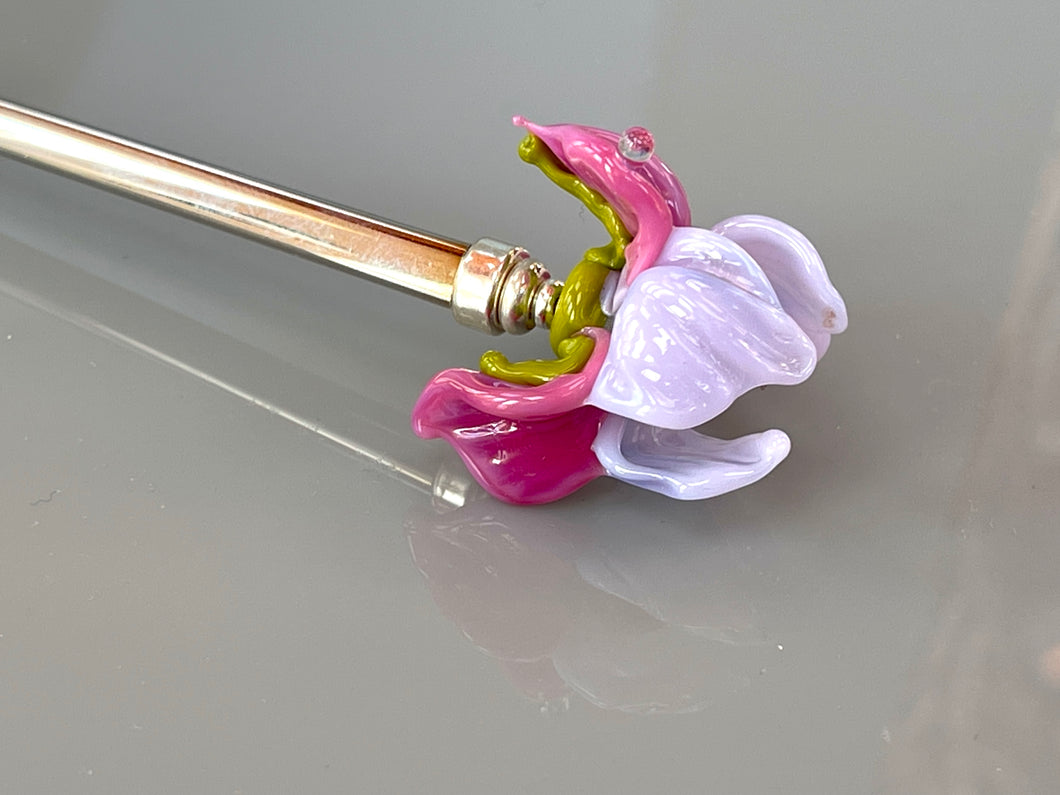 Elegant Art Glass Iris Flower Luxury Silver Hair Stick, Sterling Silver