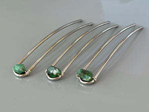 Genuine Emerald Gemstone Hair Pin, Luxury Hair Pin, Emerald Hair Fork, Silver Wedding hair stick