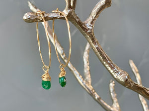 14k gold Genuine Emerald earrings handmade Emerald gold Hoop earrings