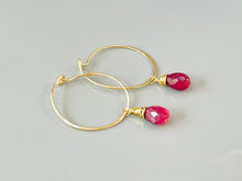 Load image into Gallery viewer, 14k gold genuine Ruby earrings handmade Ruby gold hoop earrings