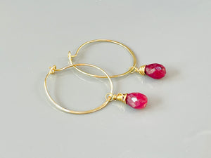 14k gold genuine Ruby earrings handmade Ruby gold hoop earrings