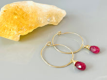 Load image into Gallery viewer, 14k gold genuine Ruby earrings handmade Ruby gold hoop earrings
