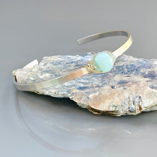 Load image into Gallery viewer, Peruvian Blue Opal and White Topaz gemstone cuff bracelet Matte White Gold