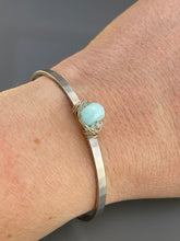 Load image into Gallery viewer, Peruvian Blue Opal and White Topaz gemstone cuff bracelet Matte White Gold