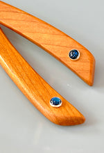 Load image into Gallery viewer, Cherry and Blue Paua Shell gemstone wood hair sticks, wooden hair sticks