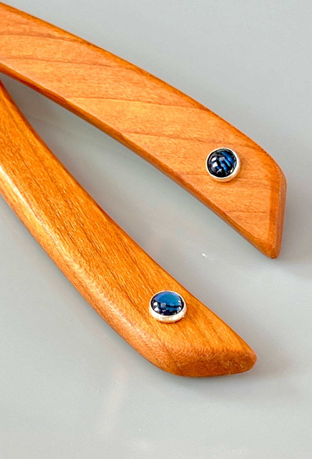 Cherry and Blue Paua Shell gemstone wood hair sticks, wooden hair sticks