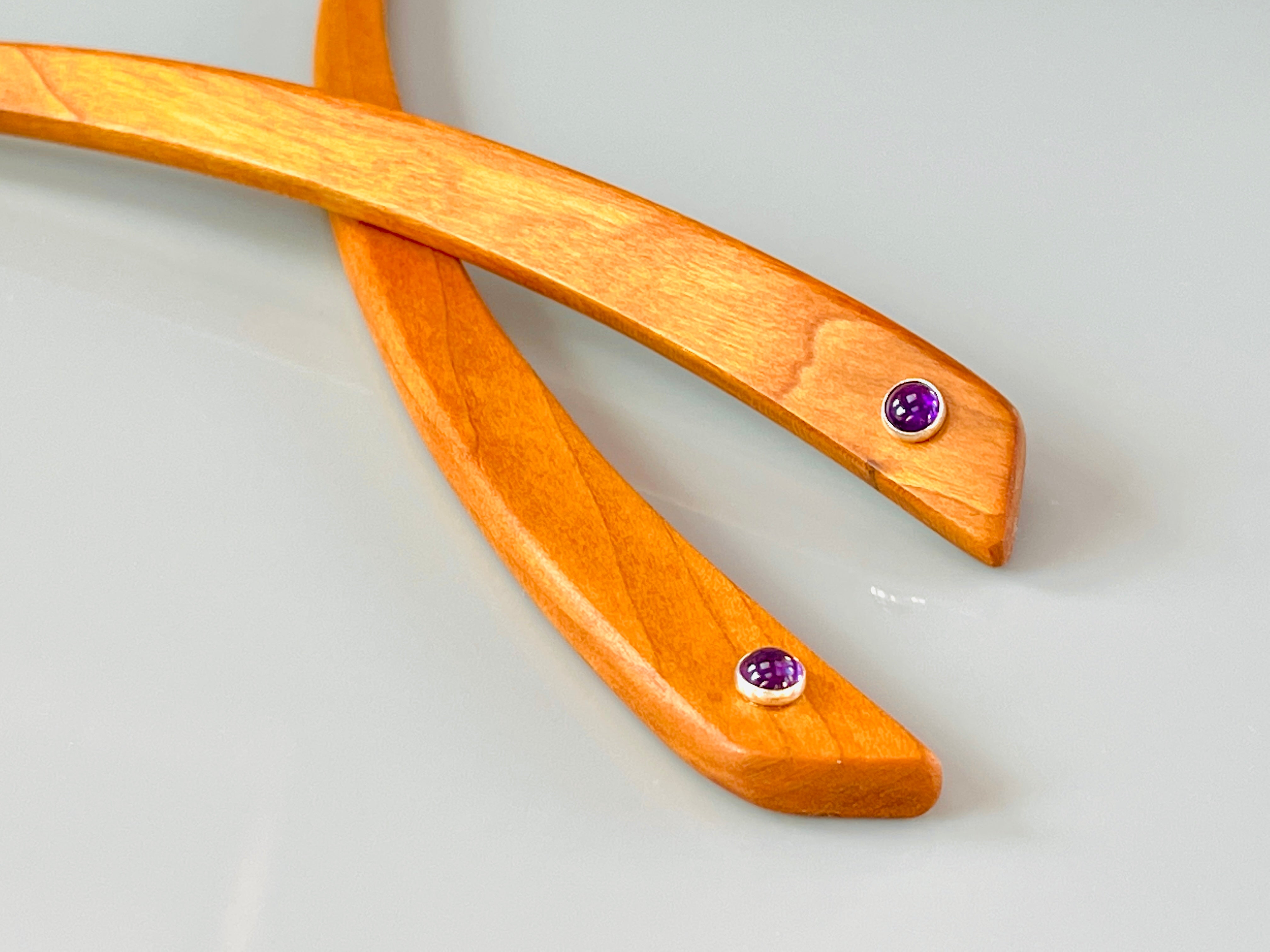 Cherry and Amethyst gemstone wood hair sticks, wooden hair sticks