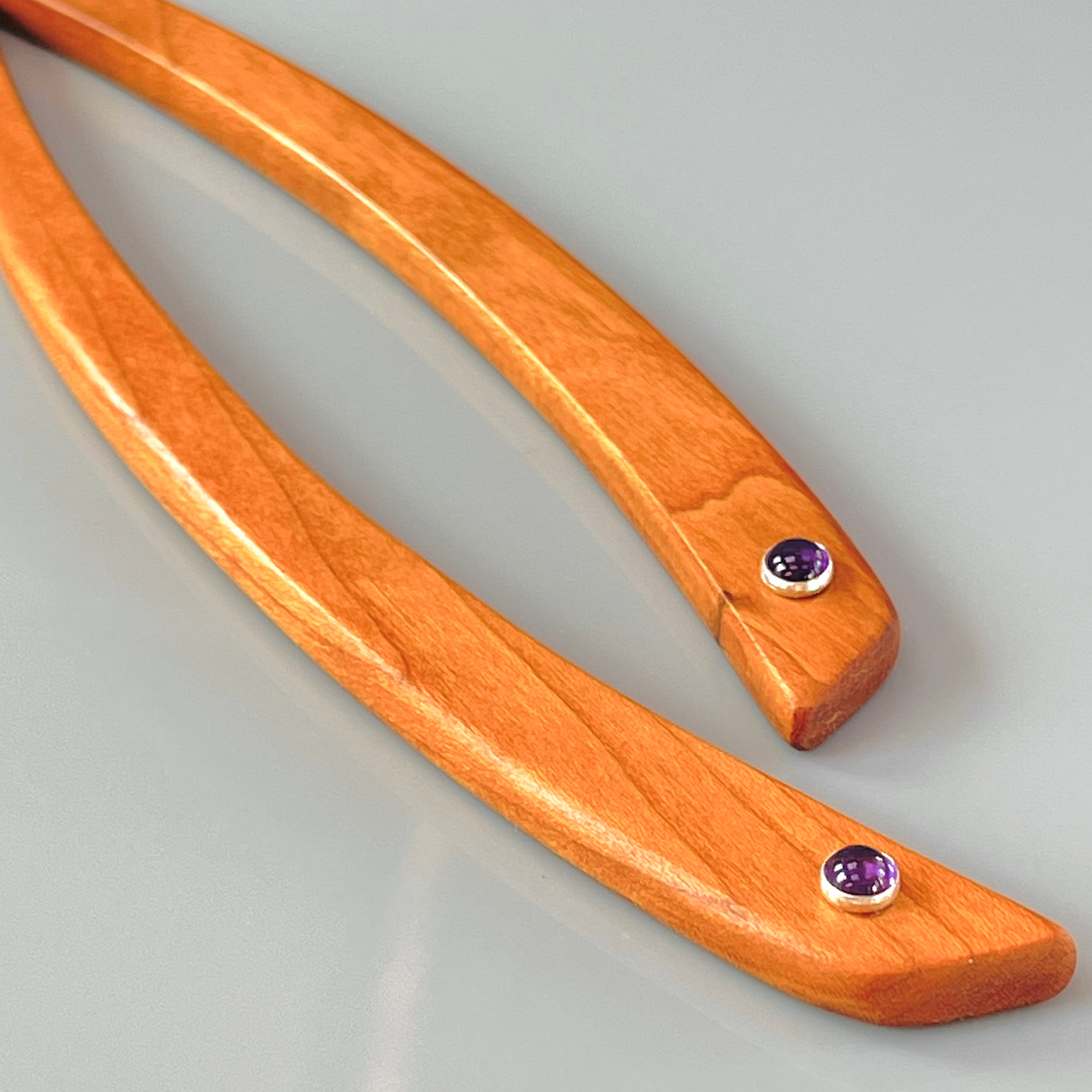 Cherry and Amethyst gemstone wood hair sticks, wooden hair sticks
