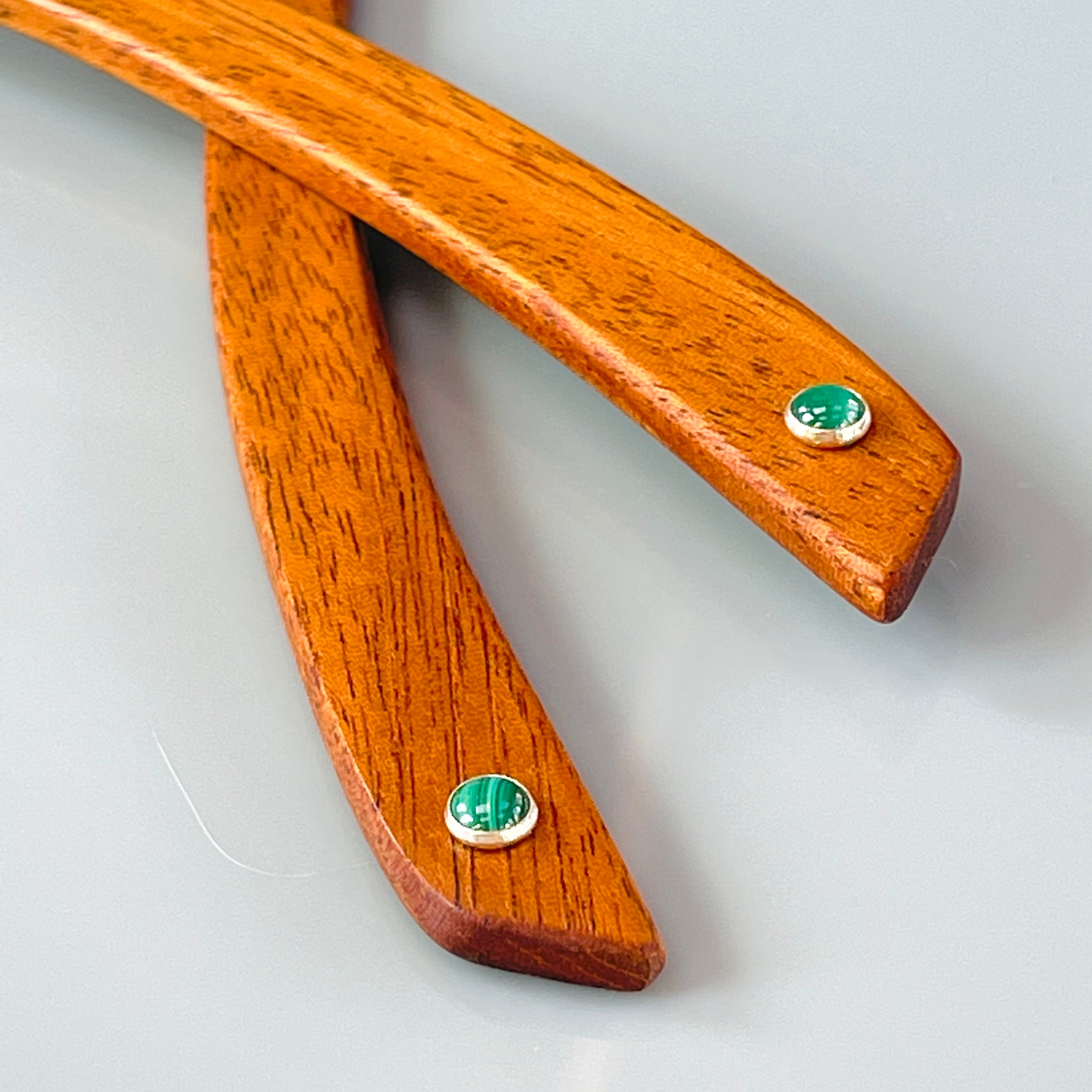 Mahogany and Malachite wood hair sticks, wooden hair sticks, silver gemstone hair sticks