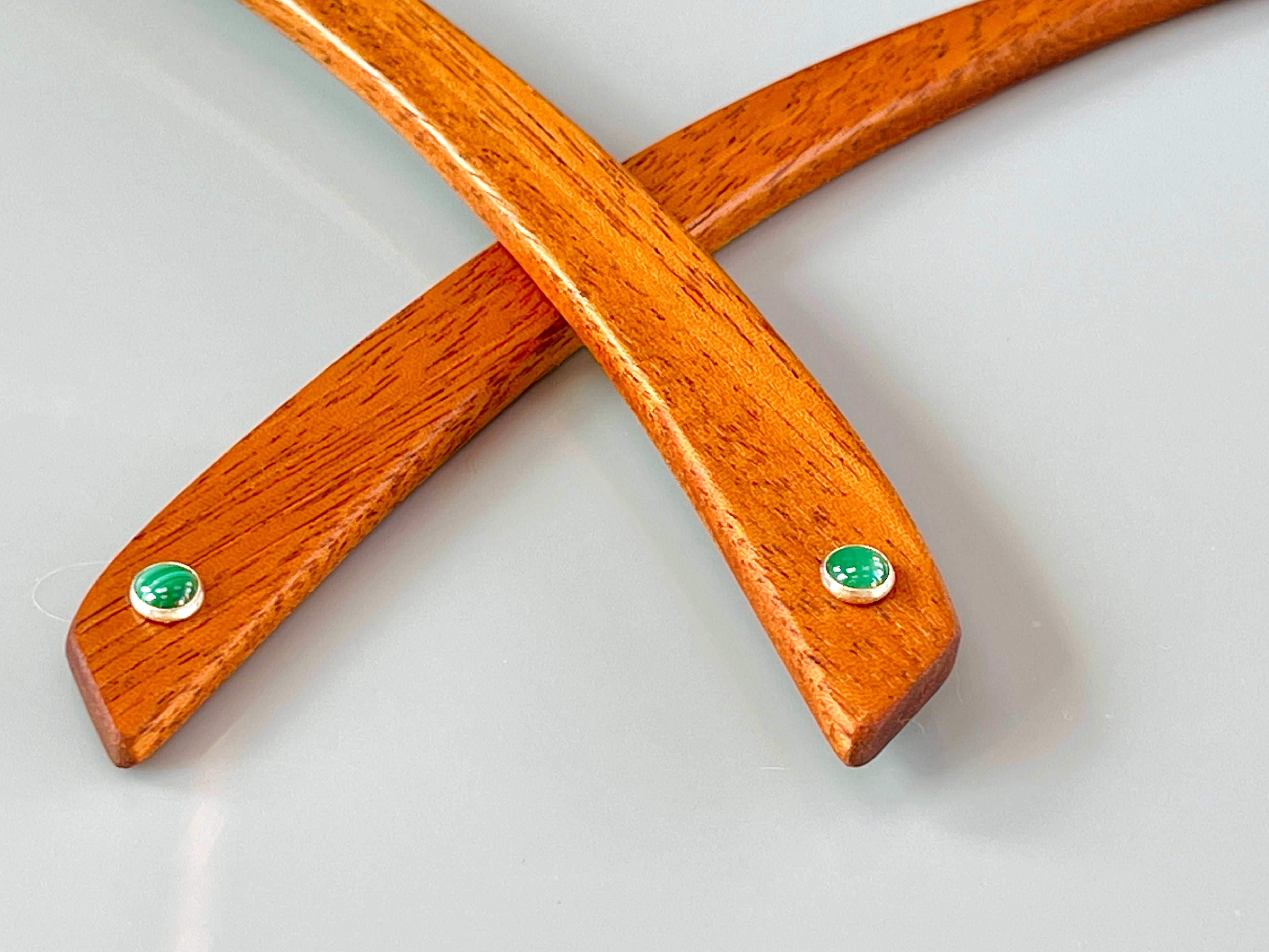 Mahogany and Malachite wood hair sticks, wooden hair sticks, silver gemstone hair sticks