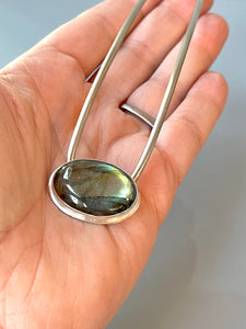 Silver Hair Pin, Laradorite Sterling Silver Hair Pin OOAK unique hair pin, modern metal hair pin