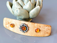 Load image into Gallery viewer, Birdseye Maple Baltic Amber Sunflower barrette, Unique Amber Flower Barrette