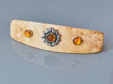 Load image into Gallery viewer, Birdseye Maple Baltic Amber Sunflower barrette, Unique Amber Flower Barrette