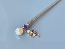 Load image into Gallery viewer, Amethyst Garnet Pearl Hair Stick, wedding hair stick silver Hair Pin, shawl pin, sweater pin