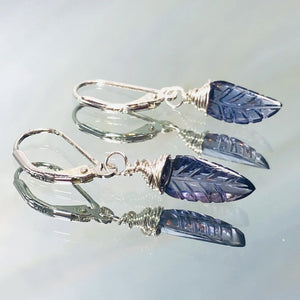 Leaves Iolite leverback earrings, Unique Iolite Earrings, water sapphire earrings
