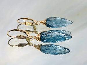 14k Gold Blue Topaz Quartz earrings, Gold Blue Topaz Lever back Earrings