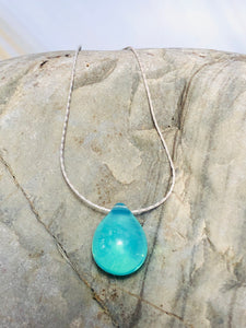 Drop of Rain Solitaire Necklace, Sterling Silver Aqua Art glass Necklace