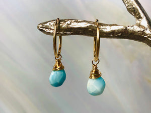 14k gold Larimar Earrings, handmade gold Larimar hoop earrings