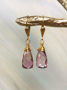 Gold Pink Amethyst earrings, Pink Amethyst Gold  Lever back Earrings