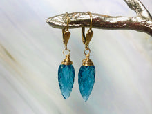 Load image into Gallery viewer, 14k Gold Blue Topaz Quartz earrings, Gold Blue Topaz Lever back Earrings