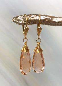 Gold Morganite Quartz earrings, Gold Morganite Leverback Earrings