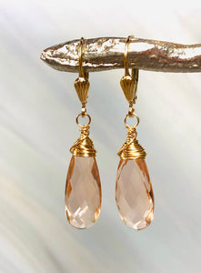 Gold Morganite Quartz earrings, Gold Morganite Leverback Earrings