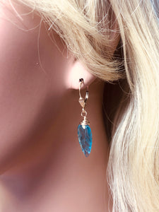 14k Gold Blue Topaz Quartz earrings, Gold Blue Topaz Lever back Earrings