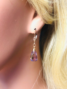 Gold Pink Amethyst earrings, Pink Amethyst Gold  Lever back Earrings