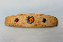 Load image into Gallery viewer, I hand sculpt this lovely barrette from beautiful premium  Great Lakes Birdseye Maple. I then inlay 3 beautiful cognac-colored genuine amber cabochons in hand-made sterling silver settings.  The amber cabochons have wonderful inclusions and are beautiful when the light passes through them! 