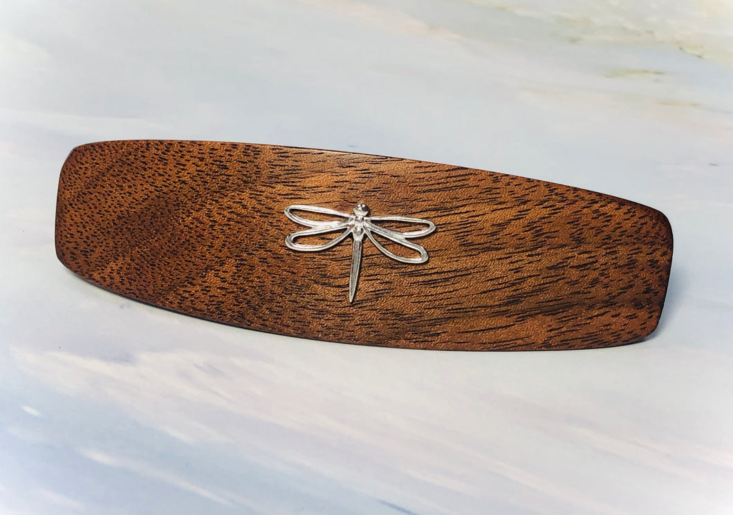 Medium Walnut Dragonfly Barrette, Sterling Silver hair clip wooden barrette