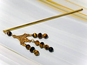 22k Gold Tigers Eye Hair Stick, luxury Japanese Hair Stick gold Kanzashi Hair Pin