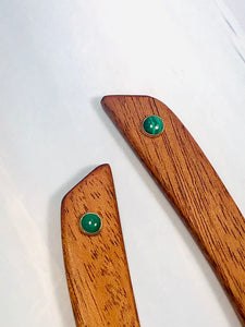 Mahogany and Malachite gemstone wood hair sticks, silver wooden hair sticks