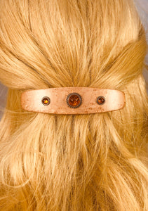 I hand sculpt this lovely barrette from beautiful premium  Great Lakes Birdseye Maple. I then inlay 3 beautiful cognac-colored genuine amber cabochons in hand-made sterling silver settings.  The amber cabochons have wonderful inclusions and are beautiful when the light passes through them! 