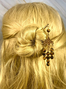 22k Gold Tigers Eye Hair Stick, wedding hair stick, gold Kanzashi Hair Pin
