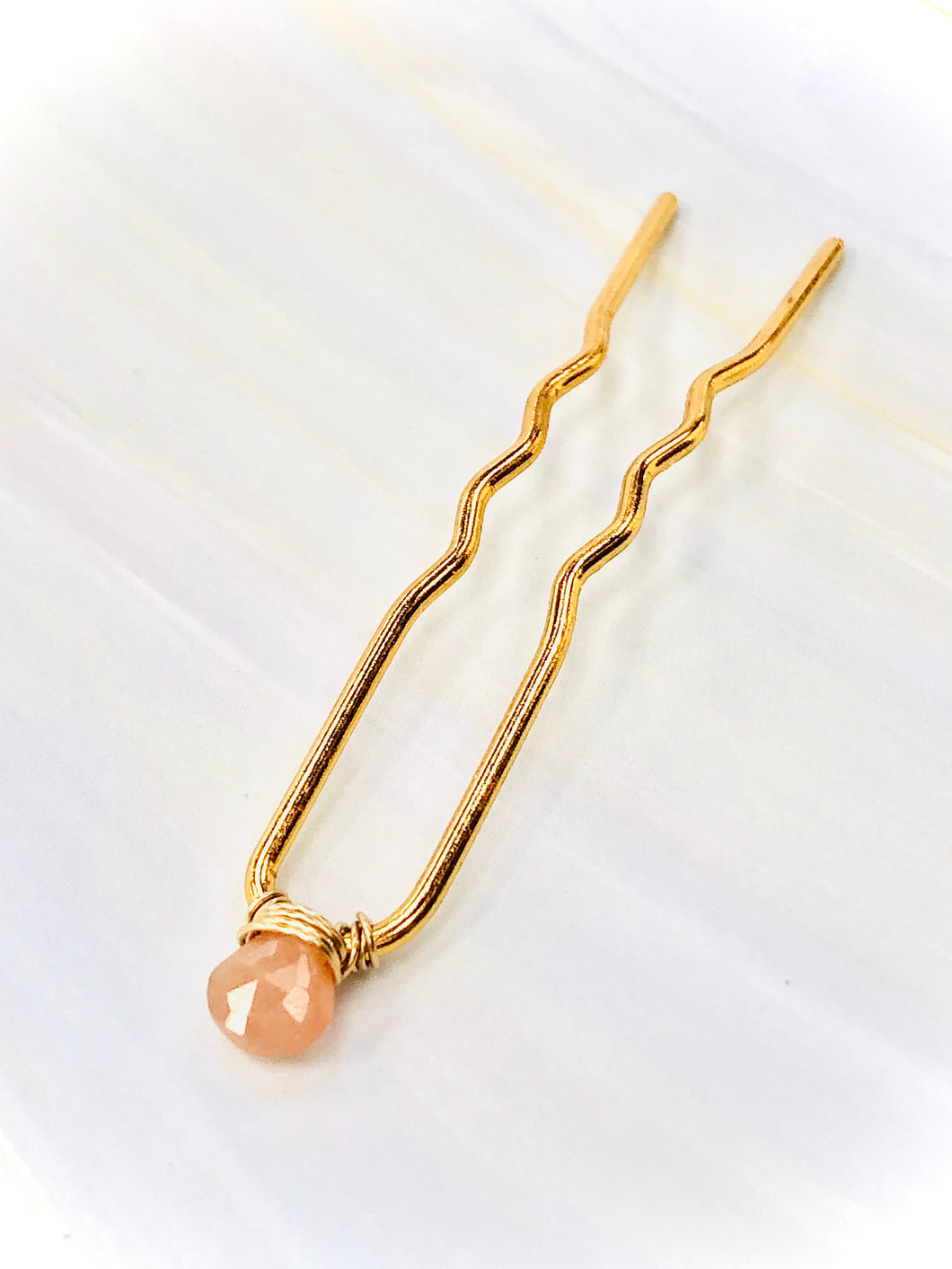 Peach Moonstone Gemstone Hair Pin, Gold Wedding Hair Pin