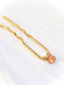 Peach Moonstone Gemstone Hair Pin, Gold Wedding Hair Pin