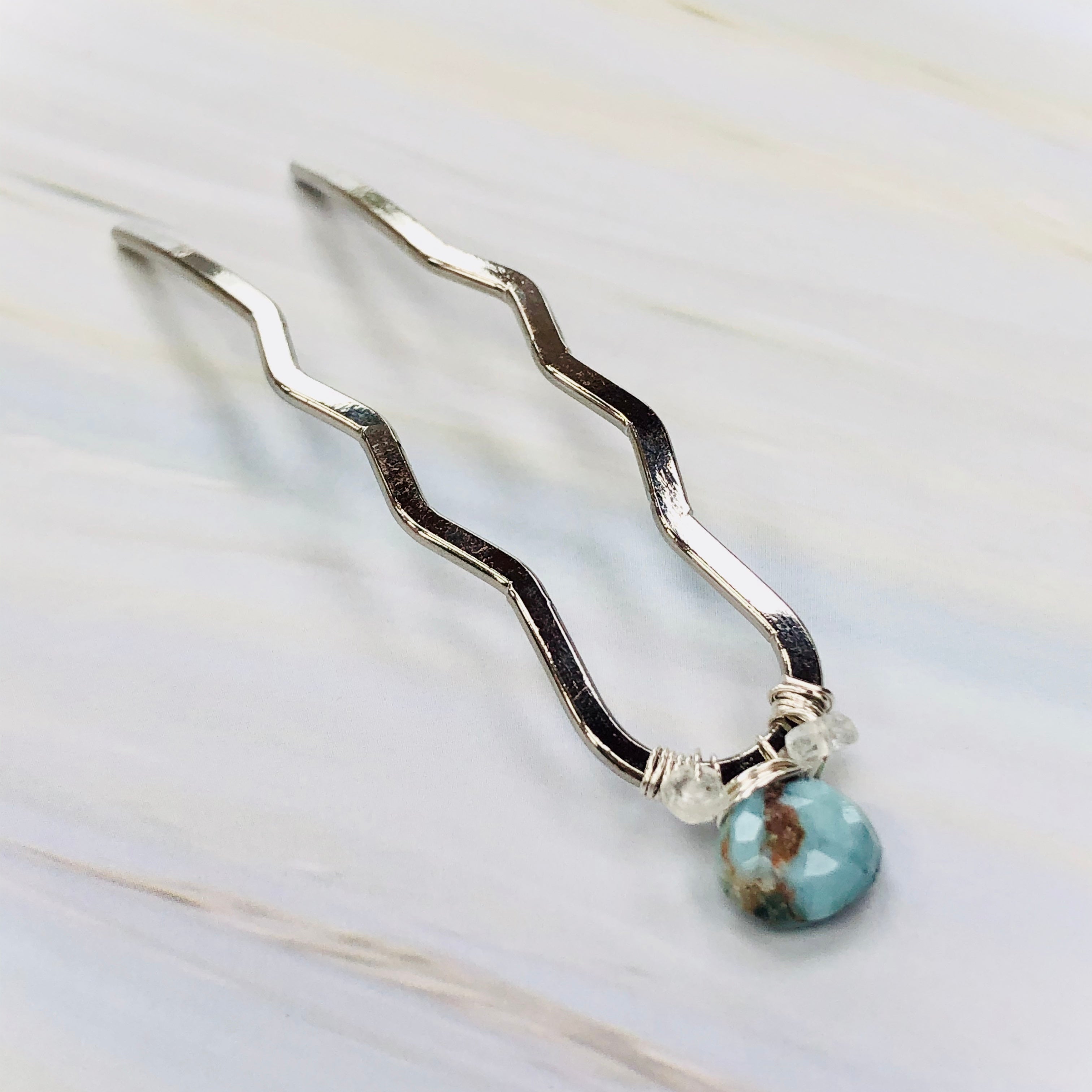 Larimar and Moonstone Silver Gemstone Hair Pin, Luxury Hair Pin