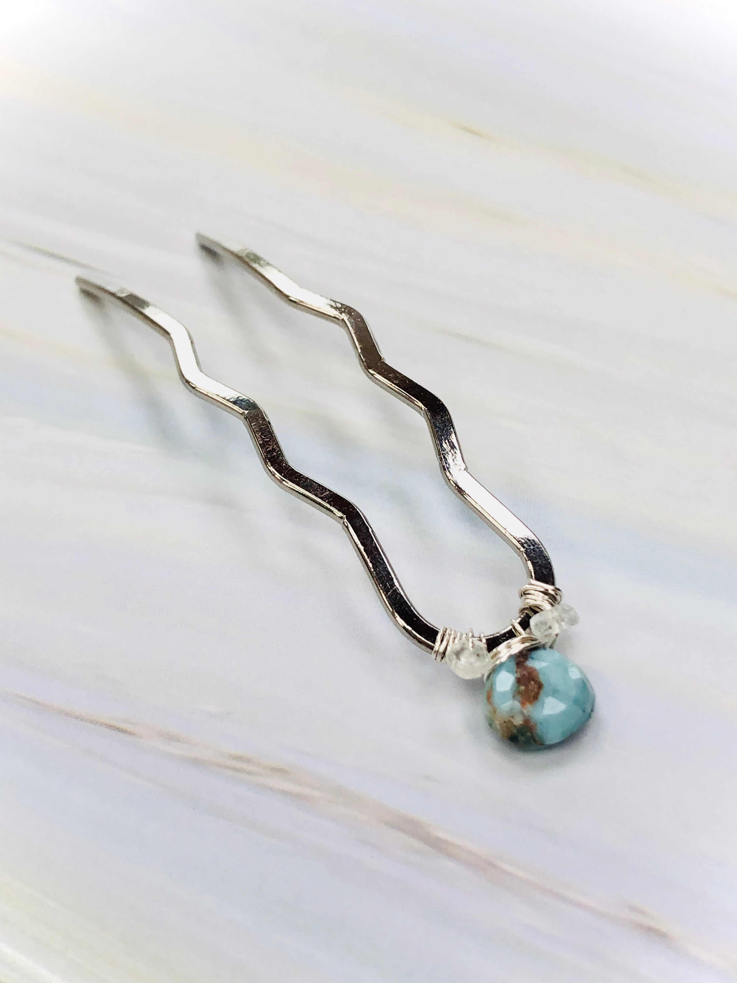 Larimar and Moonstone Silver Gemstone Hair Pin, Luxury Hair Pin