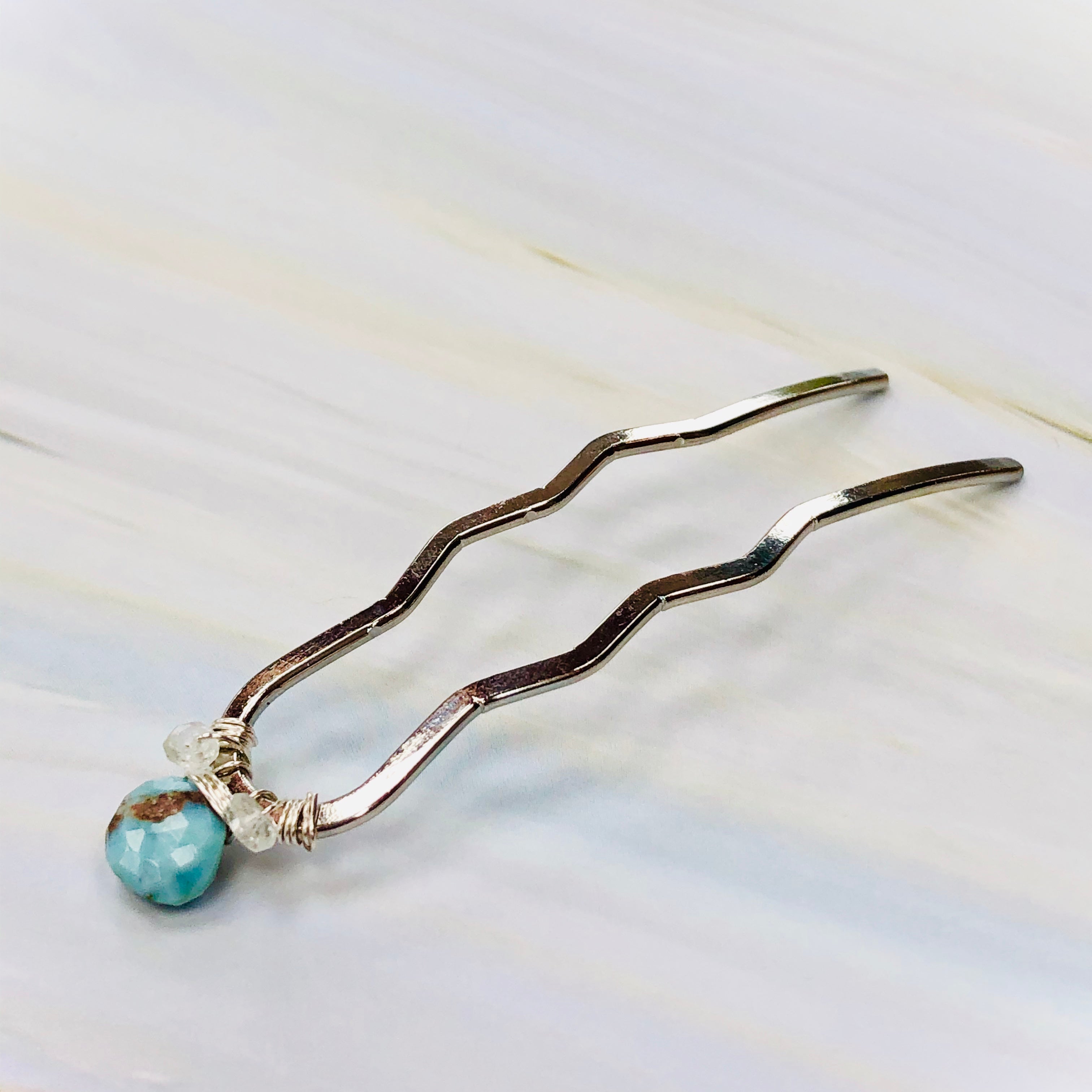Larimar and Moonstone Silver Gemstone Hair Pin, Luxury Hair Pin