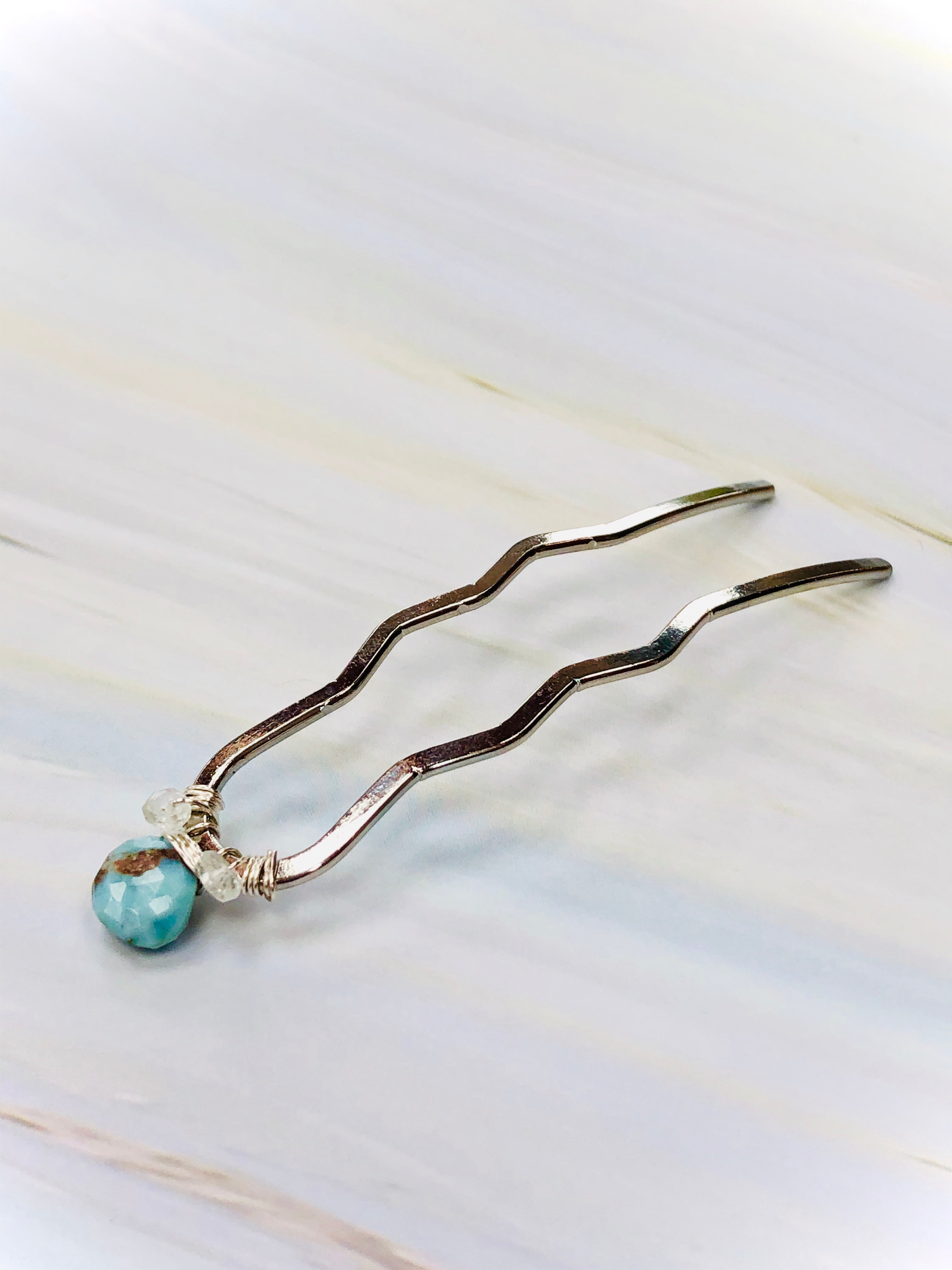 Larimar and Moonstone Silver Gemstone Hair Pin, Luxury Hair Pin