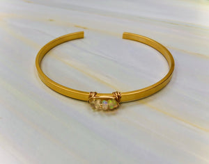 Dainty Wenlo Mine Genuine Opal cuff bracelet Stackable Matte Gold Genuine Opal Bracelet