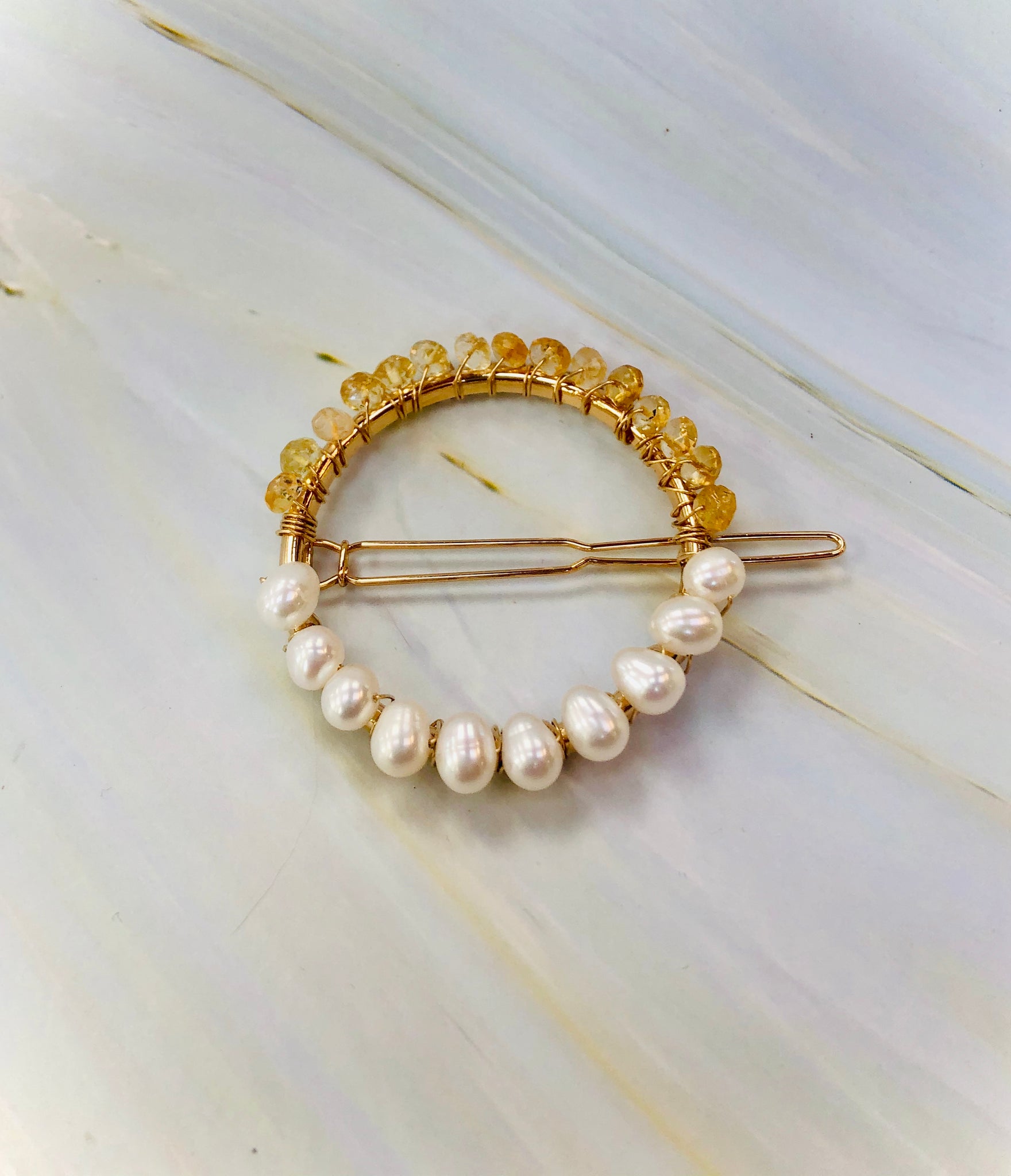 Citrine and Pearl Hair Clip, 14k Gold Pearl barrette, Luxury