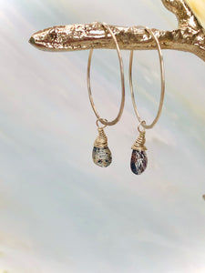 Moss Amethyst earrings hand hammered sterling silver hoop earrings