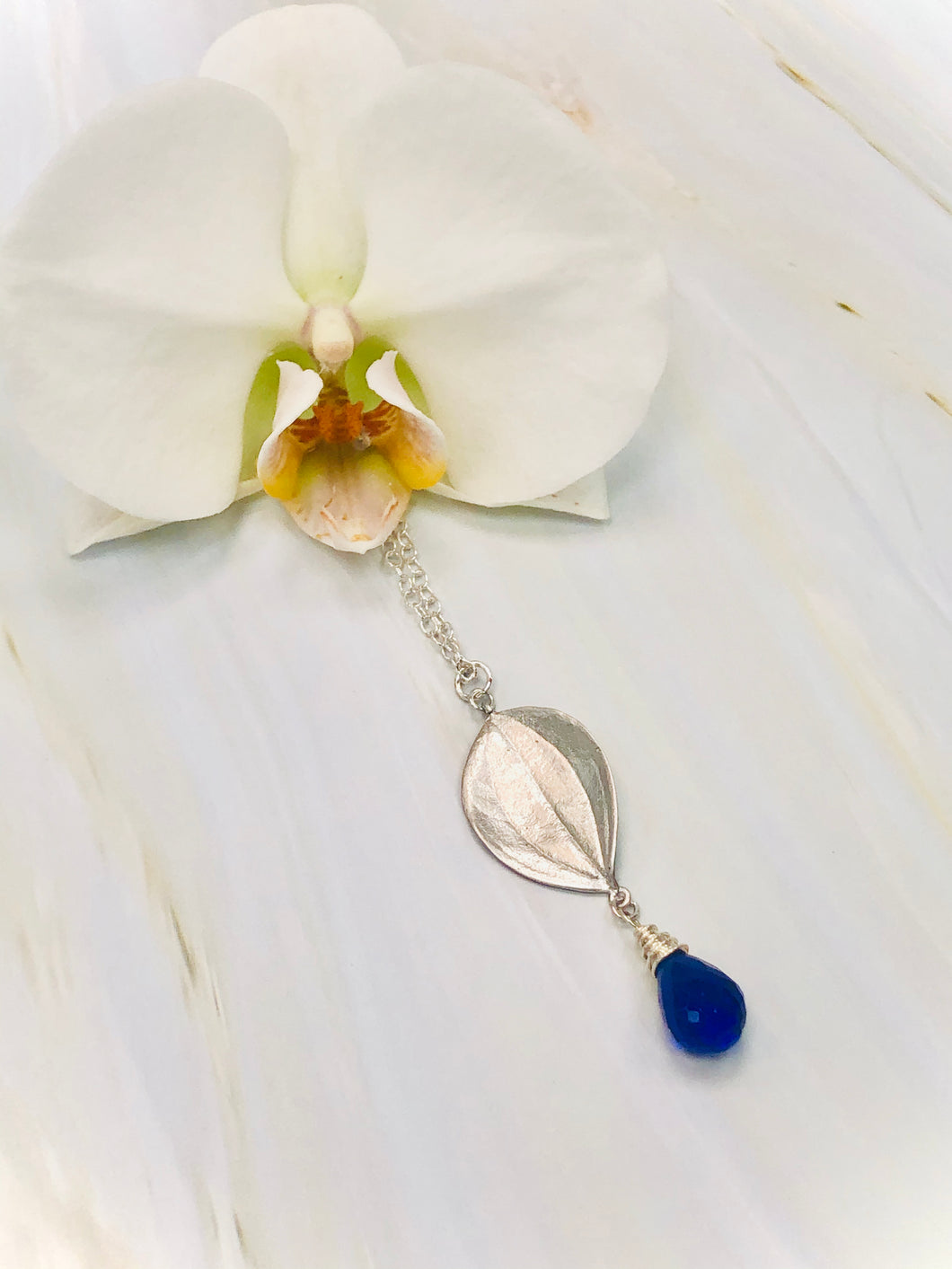 Inky blue quartz necklace leaf sterling silver necklace