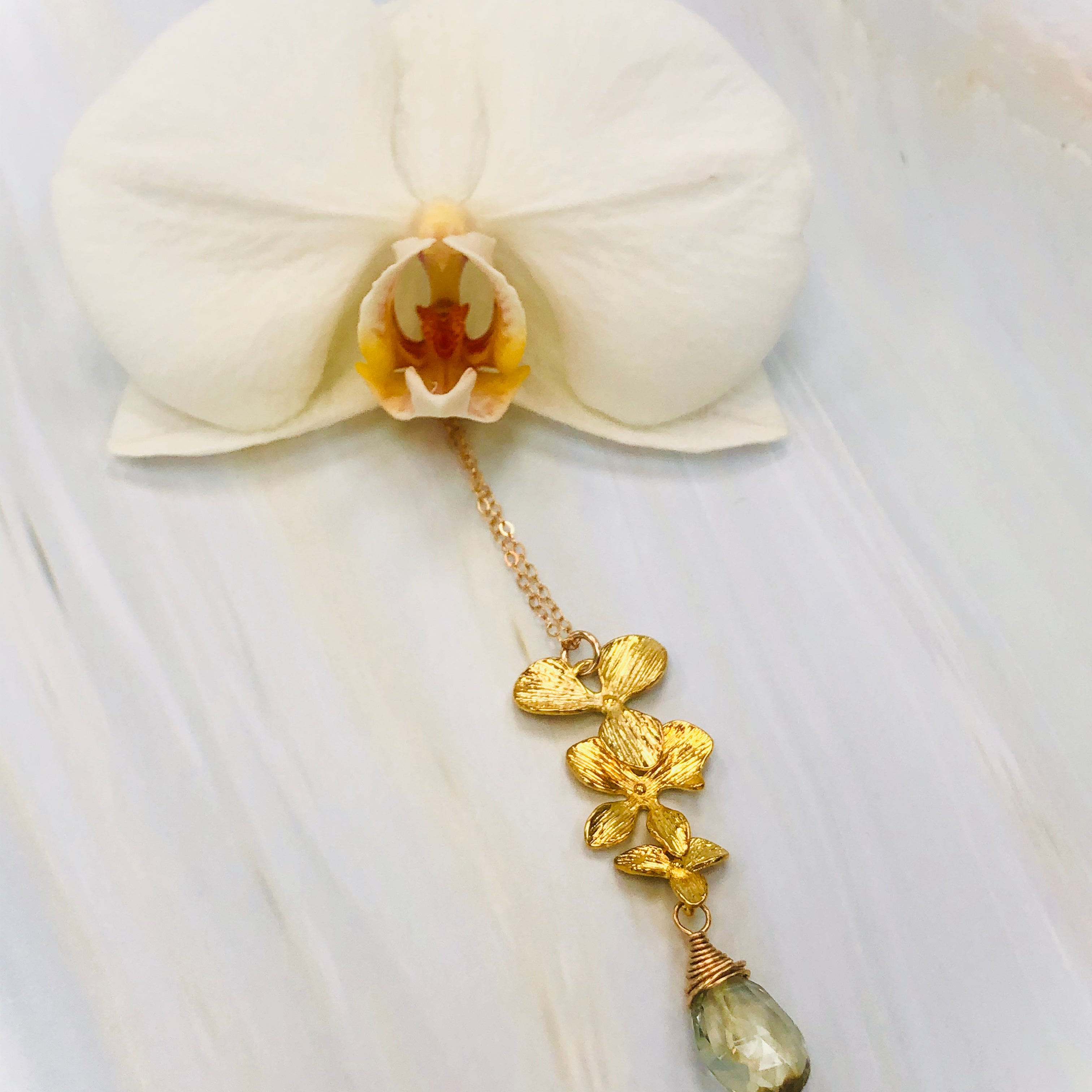 Elegant 14k Gold Green Amethyst Orchid Necklace