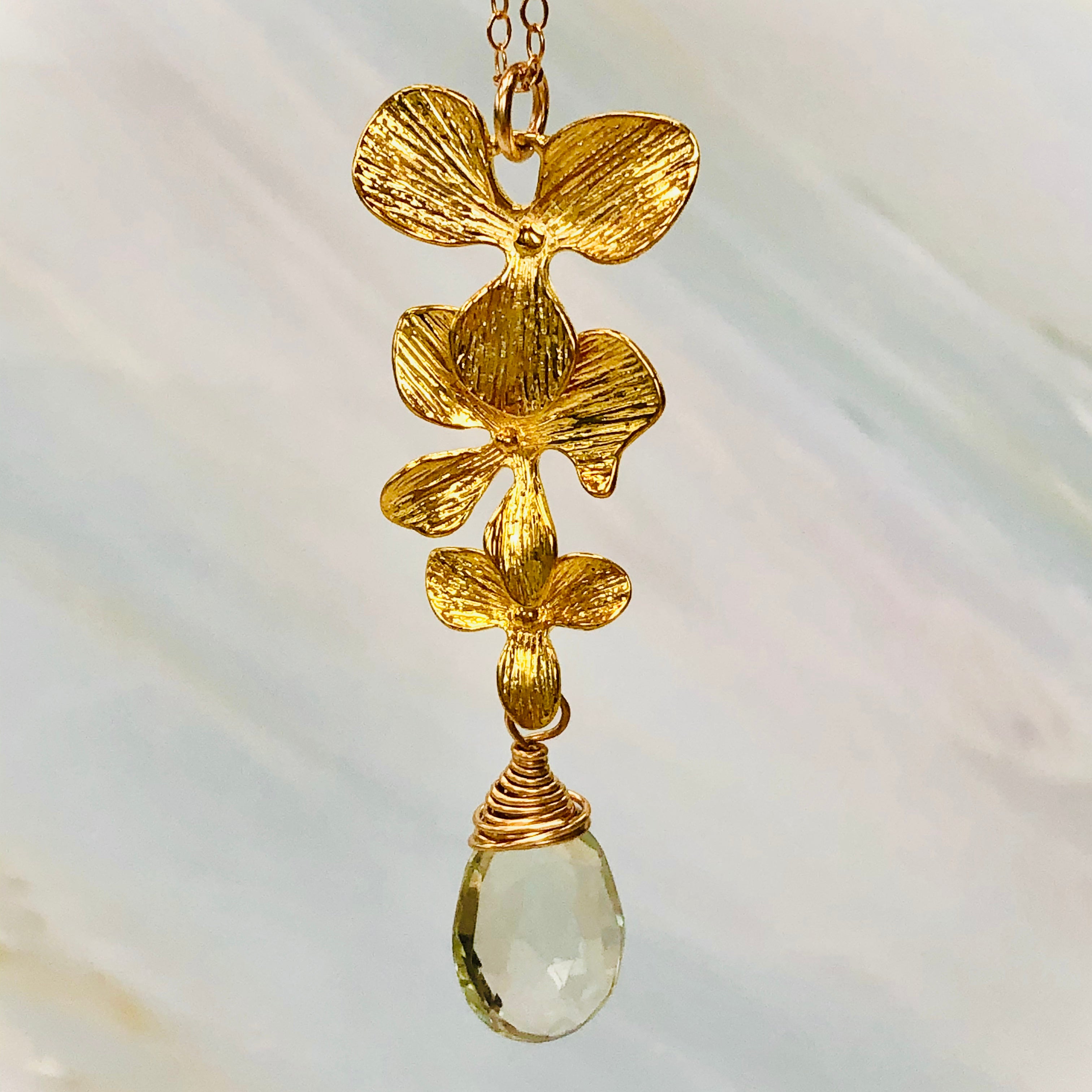 Elegant 14k Gold Green Amethyst Orchid Necklace
