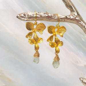14k gold Green Amethyst earrings gold orchid earrings
