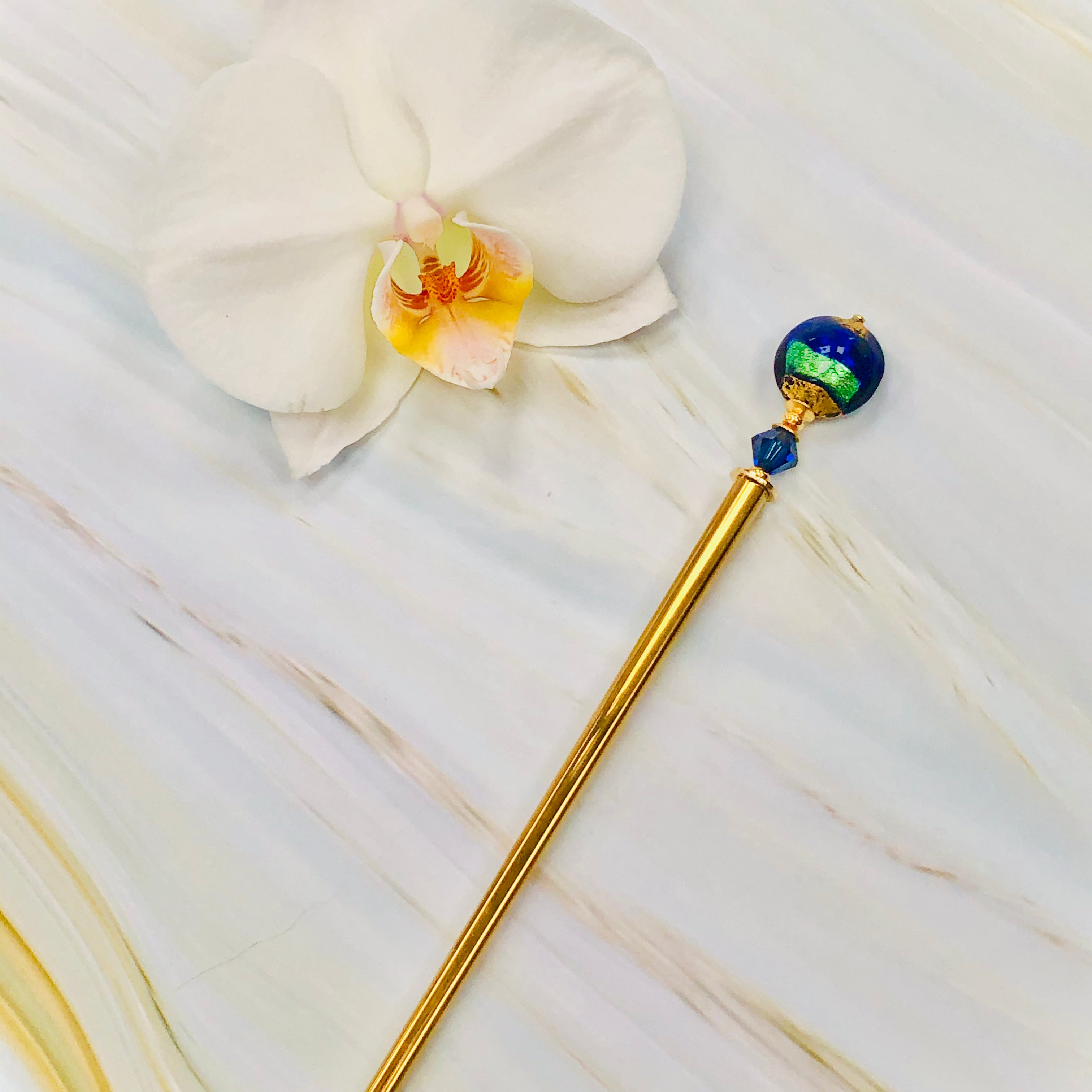 Cobalt Venetian 24k gold Art glass hair stick, gold hair pin, shawl pin, sweater pin