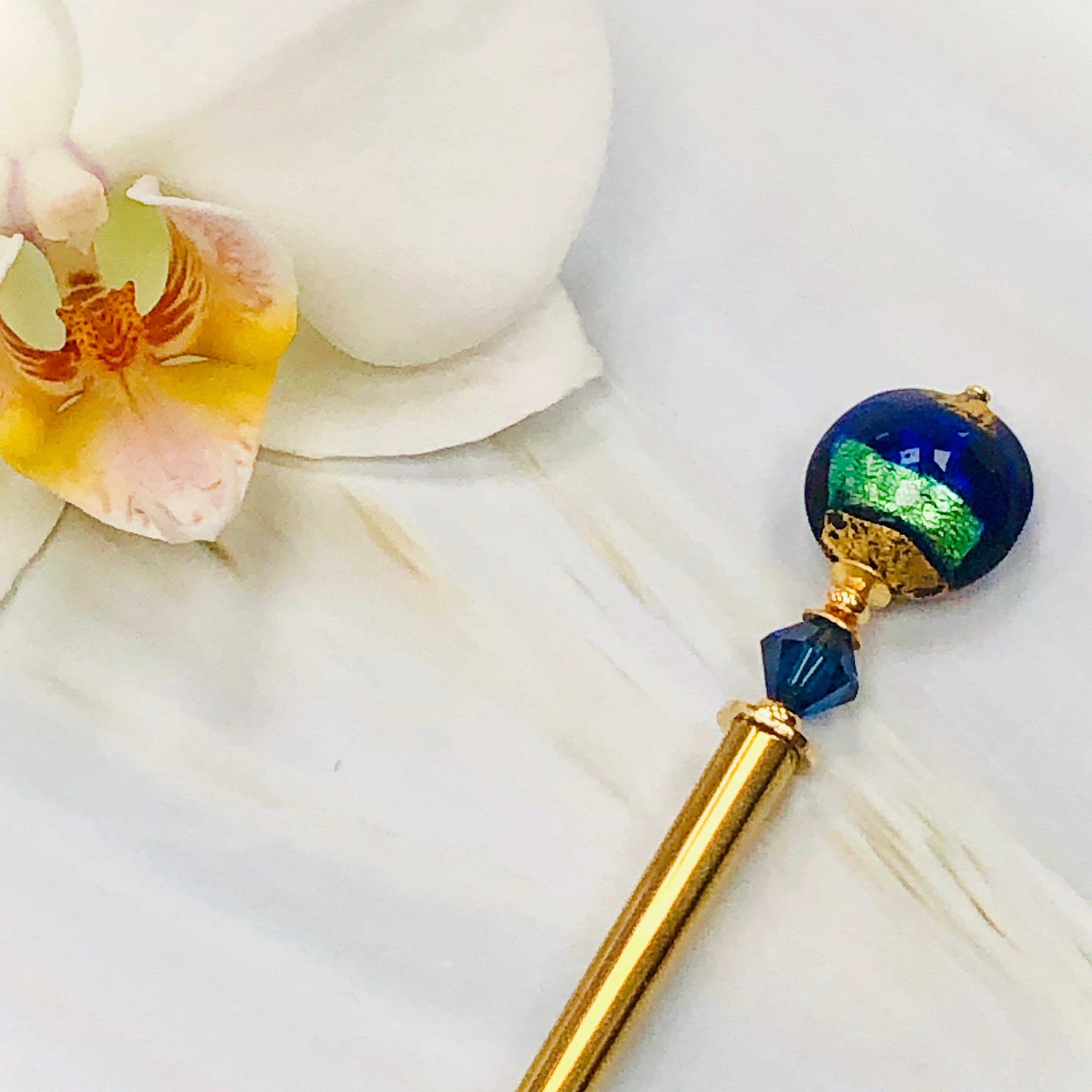 Cobalt Venetian 24k gold Art glass hair stick, gold hair pin, shawl pin, sweater pin
